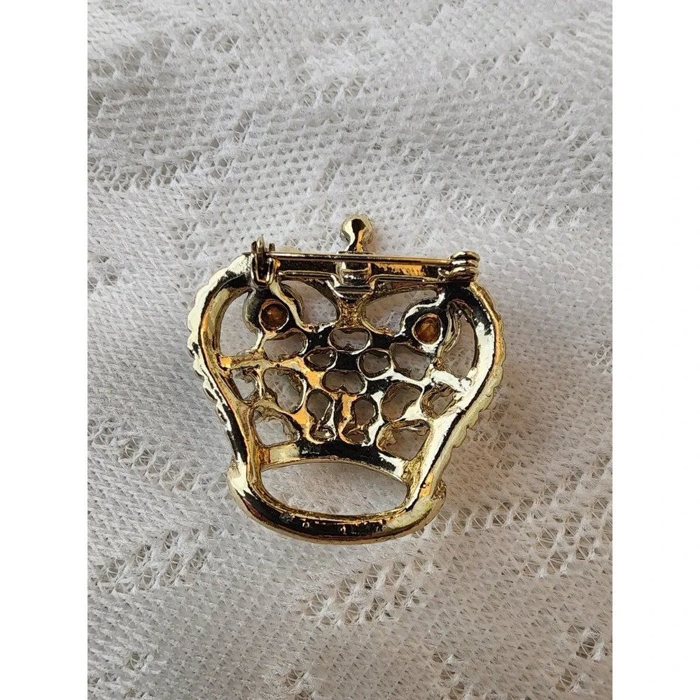 Vintage Bejeweled Crown Brooch Pin Rhinestone Gold Tone Regency Regal Pearl